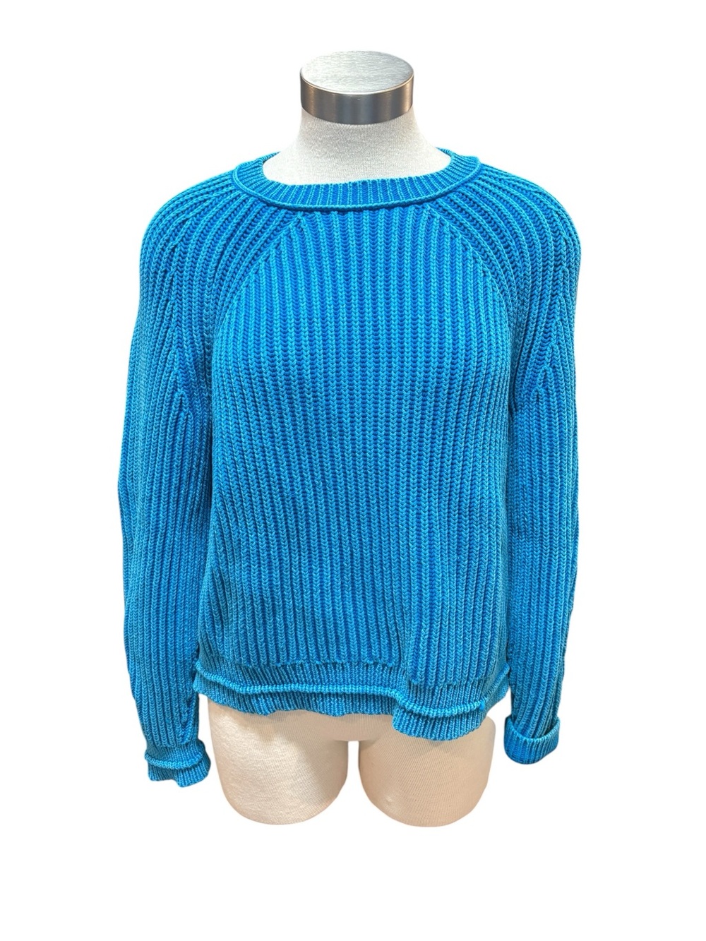 J. Crew Womens Sweater Bright Blue Ribbed Crewneck Garment -Washed Sz. L AK184